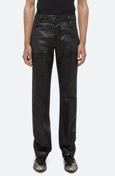 A jacquard-woven 'bubble pack' texture delivers first-class style to these silk-enriched straight-leg pants dispatched down the runway during Peter Do's revival of Helmut Lang. Zip fly with button closure Front scoop pockets; back patch pockets 38% polyamide, 36% polyester, 26% silk Dry clean Imported Designer Clothing Luxury Straight Leg Pants For Evening, Elegant Formal Pants With Five Pockets, Elegant Black Pants With Five Pockets, Designer Fitted Pants For Evening, Designer Fitted Evening Pants, Designer Black Formal Pants, Luxury Straight Pants For Party, Luxury Straight Leg Pants For Night Out, Designer Black Bottoms For Party