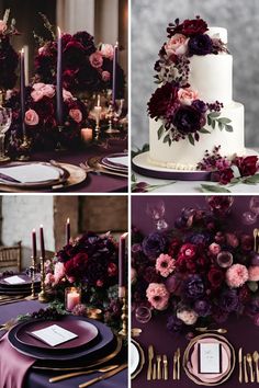 the table is set with purple and red flowers, gold place settings, and candles