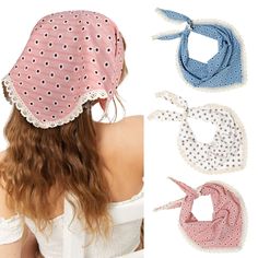 three bandanas are shown in different colors and patterns, one is pink, the other is blue