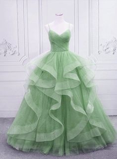 Light Green Layers Tulle Straps Long Formal Dress Green Sweet Sixteen Dress, Green Ball Gown Dress, Green Ball Gown, Tulle Straps, Green Tulle, Long Formal Dress, Modern Princess, Long Prom Dresses, Pretty Prom Dresses