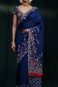 Shop for Rishi and Soujit Blue Floral And Scallop Embroidered Saree With Blouse for Women Online at Aza Fashions Tassels Blouse, Tassel Blouse, Scallop Border, Embroidered Saree, Blue Saree, Pattern Embroidery, Saree With Blouse, Blouse Online, Floral Motifs