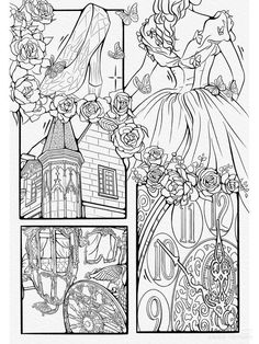 an adult coloring book with princesses and castles in the background, as well as flowers