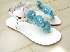 White wedding sandals -White decorated sandals with  Blue lace flowers - Bridal party - Greek leather sandals - Beach wedding - Summer shoes by dadahandmade on Etsy Spring Beach Wedding Shoes Open Toe, Spring Open Toe Beach Wedding Shoes, Spring Beach Wedding Open Toe Shoes, Leather Summer Wedding Shoes With Round Toe, Spring Beach Wedding Shoes With Round Toe, Spring Beach Wedding Closed Toe Sandals, Spring Closed Toe Sandals For Beach Wedding, Spring Wedding Leather Sandals, Open Toe Blue Sandals For Wedding