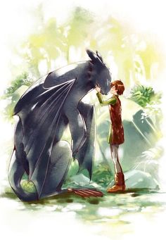 a young boy standing next to a giant dragon in the forest with his hands on it's face