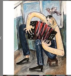 a drawing of a man playing an accordion