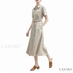 Lasaky - Artistic Linen Blend Shirt Dress with Long Skirt Collared Midi Dress With Pockets For Summer, Khaki Short Sleeve Summer Dress, Khaki Shirt Dress With Pockets For Summer, Summer Khaki Shirt Dress With Pockets, Fall Short Sleeve Midi Dress With Pockets, Khaki Short Sleeve Shirt Dress For Spring, Fall Midi Dress With Pockets And Short Sleeves, Summer Collared Khaki Shirt Dress, Summer Collared Shirt Dress In Khaki