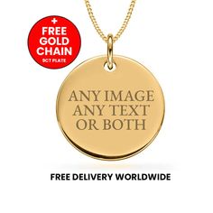 Pendant is hand made in Birminghams' prestigious Jewellery Quarter. Personalised 9ct Gold Disc Pendant. The perfect gift for anyone or yourself on any occasion! Fully engravable on both sides with text, images or both.  Plated in house by us, we provide a very thick plating to ensure durability and quality. Perfect also for remembrance photos, dates and sentimental images and text. DIMENSIONS: 19mm Width/19mm Height/1mm thick (Approx the size of a US Dime) 9ct Thick Gold Plated Construction for Yellow Gold Jewelry With Engraving Option For Anniversary, Engraved Jewelry For Valentine's Day Commemoration, Classic Engraved Necklace For Birthday Gift, Gold Charm Necklaces With Engraving Option, Gold Round Charm Necklaces With Engraving Option, Engraved Yellow Gold Charm Necklace For Anniversary, Gold Jewelry With Engraving Option For Anniversary, Classic Yellow Gold Jewelry For Birthday Gift, Hallmarked Necklaces For Anniversary