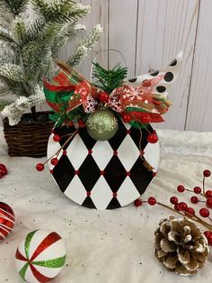 christmas decorations and ornaments on a table