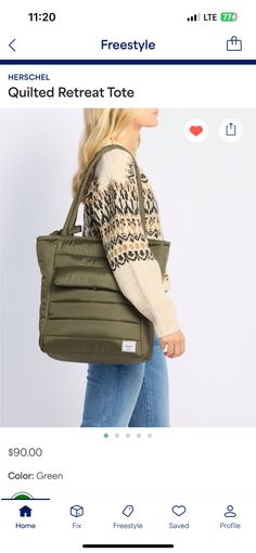 a woman holding a green bag on her left hand and an instagram page with the caption that reads, freestyle quilted rest tote