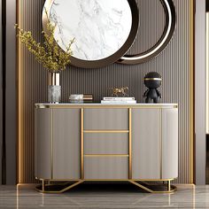 a white and gold sideboard with a round mirror on it's wall behind it