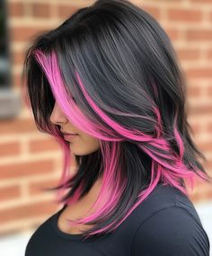 Peek A Boo Pink Highlights, Dark Hair Pink Highlights, Blonde Pink And Black Hair, Black Hair With Pink Underneath, Hot Pink Peekaboo Hair, Black And Colored Hair, Silver And Pink Hair, Black Hair Pink Highlights, Black Hair With Pink Highlights