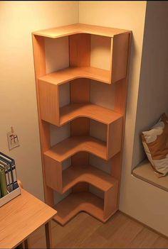 a corner shelf in the corner of a room