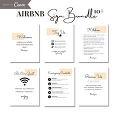 the air bnb logo and business cards are shown in black, white, and tan