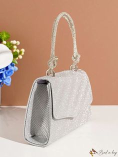 BirdinBag - Glittery Mini Silver Square Bag for Party with Flap Top Handle Party Shoulder Bag, Handheld Sequined Evening Bag For Parties, Chic Glitter Shoulder Bag For Evening, Glamorous Glitter Bag For Evening, Chic Silver Party Bags, Glamorous Evening Glitter Shoulder Bag, Silver Rectangular Shoulder Bag For Party, Party Clutch Bag With Sequins, Party Shoulder Bag With Sequins