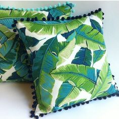 Pom Pom Pillow Cover / Tropical Teal Lime and Navy Palm Leaves Pillow Cover / Outdoor Pillow Lumbar / Aqua Turquoise Outdoor Pillow cover - Annabel Bleu Blue And Green Living Room, Palm Leaf Pillow, Tropical Interiors, Aqua Pillows, Teal Decor, Tropical Pillows, Pom Pom Pillows, Leaves Pillow, Palm Leaves Print