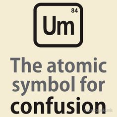 the atomic symbol for confusion is shown in black and white, as well as an image of