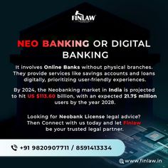 an advertisement for a banking company with the text neo banking or digital banking it involves online links without physical branches