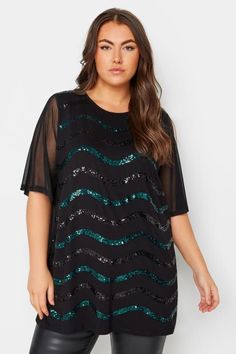 Shop YOURS Curve Black & Blue Sequin Embellished Mesh Sleeve Top at Yours Clothing. Discover women’s plus size clothing in sizes 10-36 with fast delivery. Tops On Jeans, Sequin Embellished Top, Animal Print Dress Casual, Sequin Embellishment, Clothing Trends, Weekend Plans, Embellished Top, Stylish Outfit, Mesh Sleeves