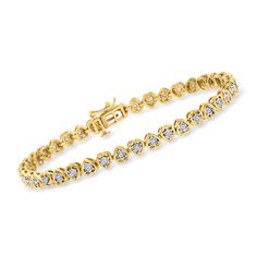 Ross-Simons - .55ct t. w. Diamond Heart Tennis Bracelet Over Sterling. 8". Fall in love with our charming tennis bracelet. Glowing 18kt yellow gold over sterling silver heart-shaped bezel settings hold .55 ct. t. w. round brilliant-cut diamonds in white rhodium, creating the sweetest style! Figure 8 safety. Push-button clasp, diamond heart tennis bracelet. Diamond birthstones are the perfect gift for April birthdays. Elegant Heart Cut Tennis Bracelet For Anniversary, Elegant Diamond Bracelet With Accents For Valentine's Day, Classic Heart Cut Tennis Bracelet For Formal Occasions, Elegant Diamond Tennis Bracelet For Valentine's Day, Classic Heart Cut Bracelet With Diamond Accents, Classic Heart Cut Diamond Bracelet For Anniversary, Classic Heart-shaped Diamond Bracelet For Anniversary, Elegant Diamond Accents Tennis Bracelet For Valentine's Day, Classic Heart Cut Tennis Bracelet For Anniversary