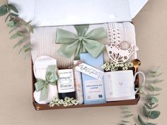 an open gift box filled with personal care items