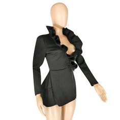 Black Long Sleeves Flounced Tops Chic Black Outerwear For Party, Chic Black Outerwear For Date Night, Fitted Black Outerwear For Going Out, Black Long Sleeve Blouse With Ruffles, Black Ruffled Long Sleeve Blouse, Luxury Black Long Sleeve Sweatshirt, Black Military Long Sleeve Tops, Black Moisture-wicking Long Sleeve Sweatshirt, 1 Million