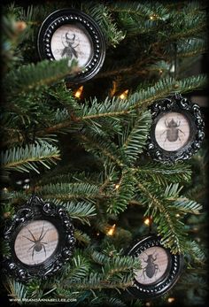 christmas ornaments are hanging from the branches of a tree