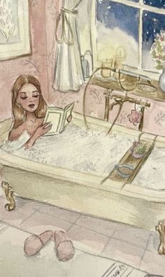 a watercolor painting of a girl reading in her bed