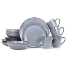 a set of gray dishes and cups