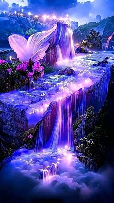 a waterfall with flowers and lights in the water