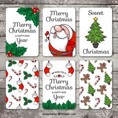 four christmas cards with santa claus, holly and snowflakes on white wood planks