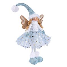 a blue and white christmas angel ornament with stars on it's wings