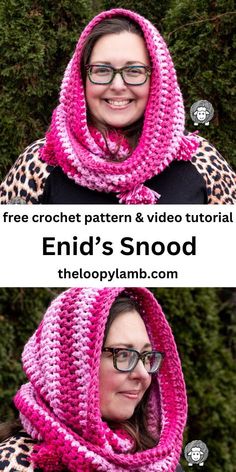 a woman wearing a pink crochet scarf with text that reads, free crochet pattern & video tutor ends snood