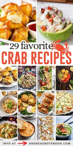 the cover of 29 favorite crab recipes, with pictures of different dishes and ingredients in them