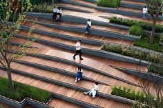 several people are walking on the wooden steps