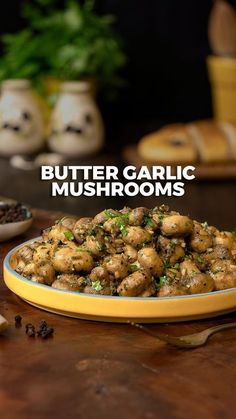 a plate full of butter garlic mushrooms on a table