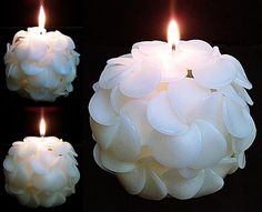 three different images of a candle that has been made out of plastic flowers and leaves