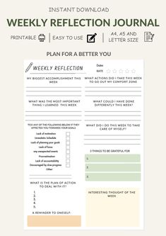 the printable weekly reflection journal is shown in green and beige colors, with an image of