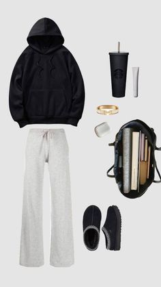 | A cozy yet clean outfit | Comfy Outfits Aesthetic, First Day School Outfits, Cute And Comfy Outfits, Black Sweatpants Outfit, Clean Outfit, Black Outfit Ideas, Her Drawing, At Home Outfits, School Homework