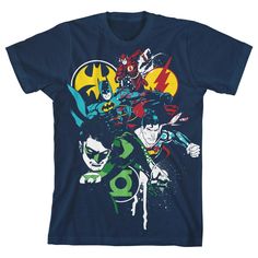 an image of batman and green lantern on a blue t - shirt with the dc logo