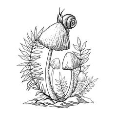 a black and white drawing of a snail on top of a mushroom with leaves around it