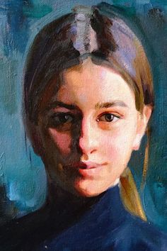 a painting of a girl with long blonde hair wearing a blue shirt and looking at the camera