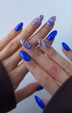 Neon Blue Nails Design, Minimalist Nail Art Almond, Funky Blue Nails, Blue Fire Nails, Electric Blue Nails Design, Blue Nails Trendy, Blue Acrylic Nails Ideas, Royal Blue Nail Ideas