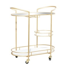 a gold serving cart with two shelves and wheels