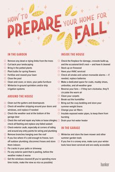 a poster with the words how to prepare your home for fall in red and yellow