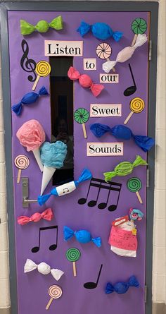 I used tissue paper to make the candies. The music notes were printed on a circuit. Lollipops are construction paper and tongue depressors. Music Makes Life Colorful, Music Teacher Door Decoration, Music Class Door Decor, Music Classroom Door Ideas, Music Theme Classroom Ideas, Back To School Music Bulletin Boards, Music Door Decorations, Music Classroom Door, Candyland Classroom