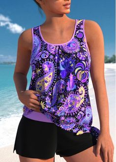 Color:Purple;Size:S;Size:M;Bra Style:Padded;Support:Wire Free;Pad Style:Unmovable;Strap Style:Adjustable;Package Contents:1 X Top , 1 X Shorts;Occasion:Sport;Style:Tribal; Pink Tankini, Summer Items, Bathing Beauty, Swimwear Suits, Trendy Swimsuits, Boutique Style Outfits, Choppy Hair, Beginner Sewing, Purple Paisley