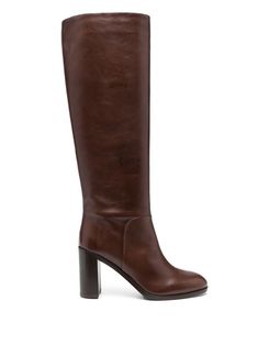 brown calf leather knee-high round toe branded leather insole 90mm block heel pull-on style Leather Boots Brown, Brown Leather Knee High Boots, Knee High Leather Boots, Boots Knee, Boots Brown, Brown Boots, Boot Shoes Women, Knee High Boots, Calf Leather