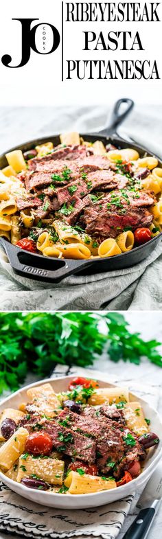 two pictures showing different types of pasta and meat