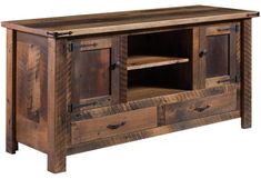 a wooden entertainment center with drawers and two doors on one side, an open shelf at the top