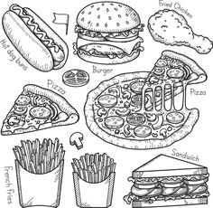 different types of fast food in black and white coloring book page - csp4583899